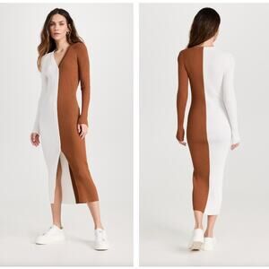 STAUD Shoko Ribbed Button Front Midi Sweater Dress Tan White Sz XS $165 {B41}